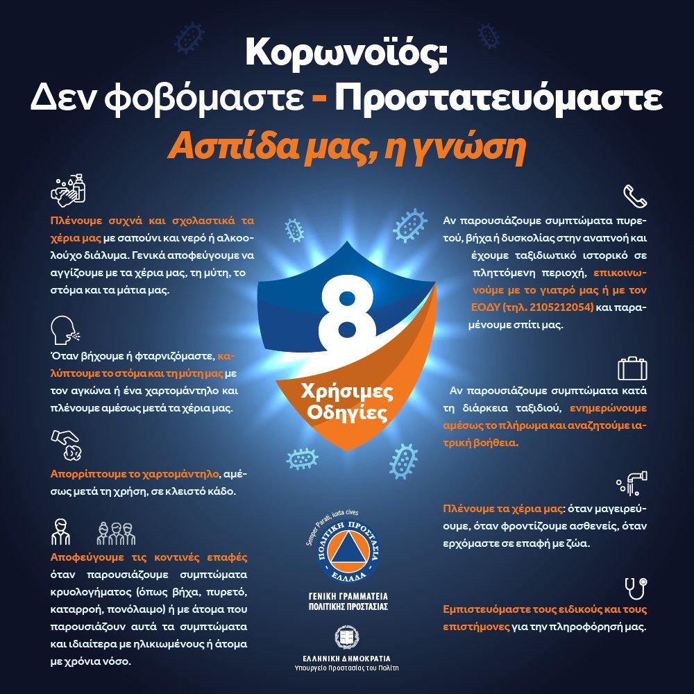 Καμπάνια ενημέρωσης των πολιτών για την προστασία από τον Κοροναϊό, ξεκίνησε η Γενική Γραμματεία Πολιτικής Προστασίας (ΓΓΠΠ), με τίτλο «Δεν φοβόμαστε - Προστατευόμαστε - Ασπίδα μας η Γνώση».