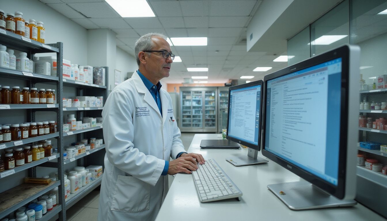 A focused pharmacist reviews prescriptions at a modern pharmacy counter. A focused pharmacist reviews prescriptions at a modern pharmacy counter.