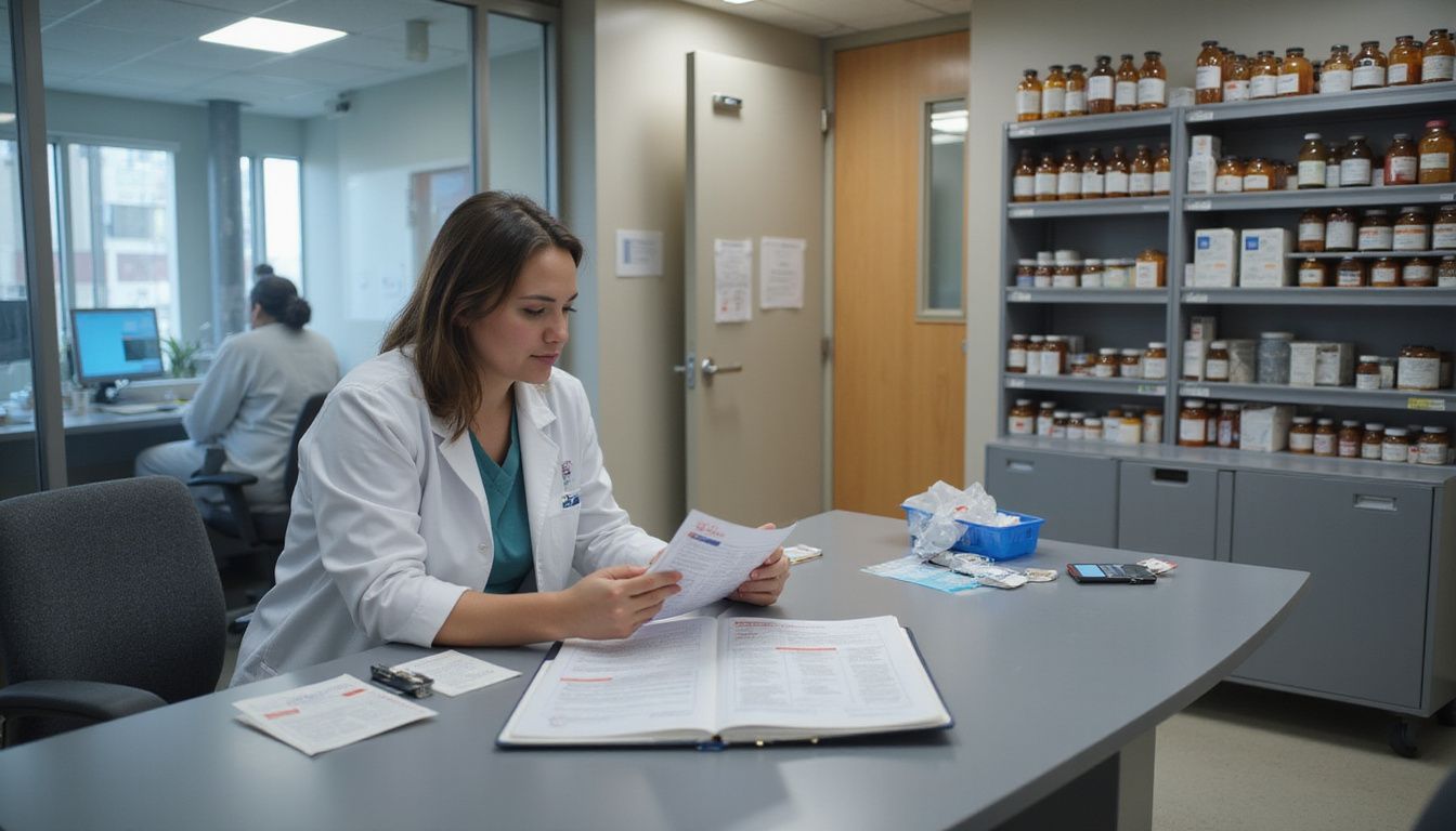 A pharmacist reviews medication documentation in a clinical consultation room. A pharmacist reviews medication documentation in a clinical consultation room.