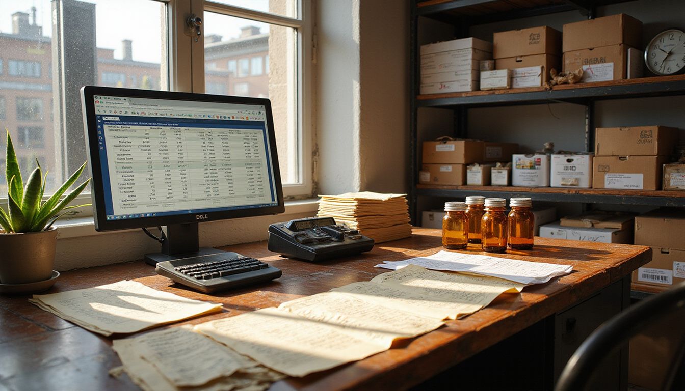 A detailed pharmacy counter workspace with financial documents and equipment. A detailed pharmacy counter workspace with financial documents and equipment.