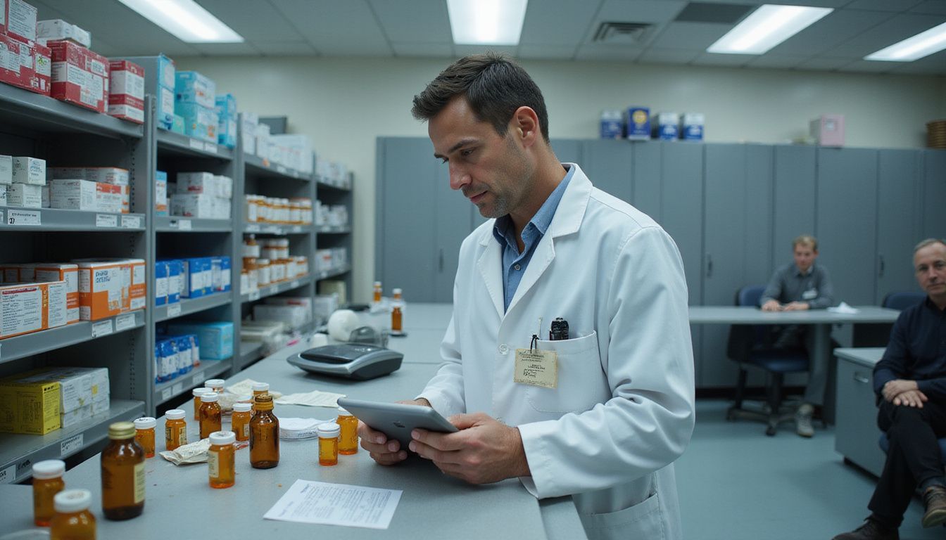 A focused pharmacy technician works diligently at a busy pharmacy counter. A focused pharmacy technician works diligently at a busy pharmacy counter.