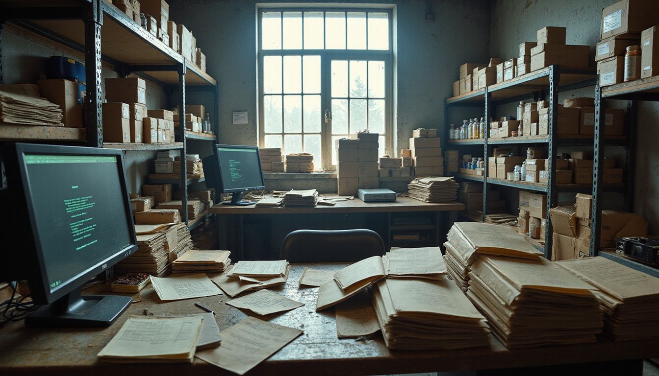 A cluttered pharmacy storage room filled with disorganized shelves and paperwork. A cluttered pharmacy storage room filled with disorganized shelves and paperwork.