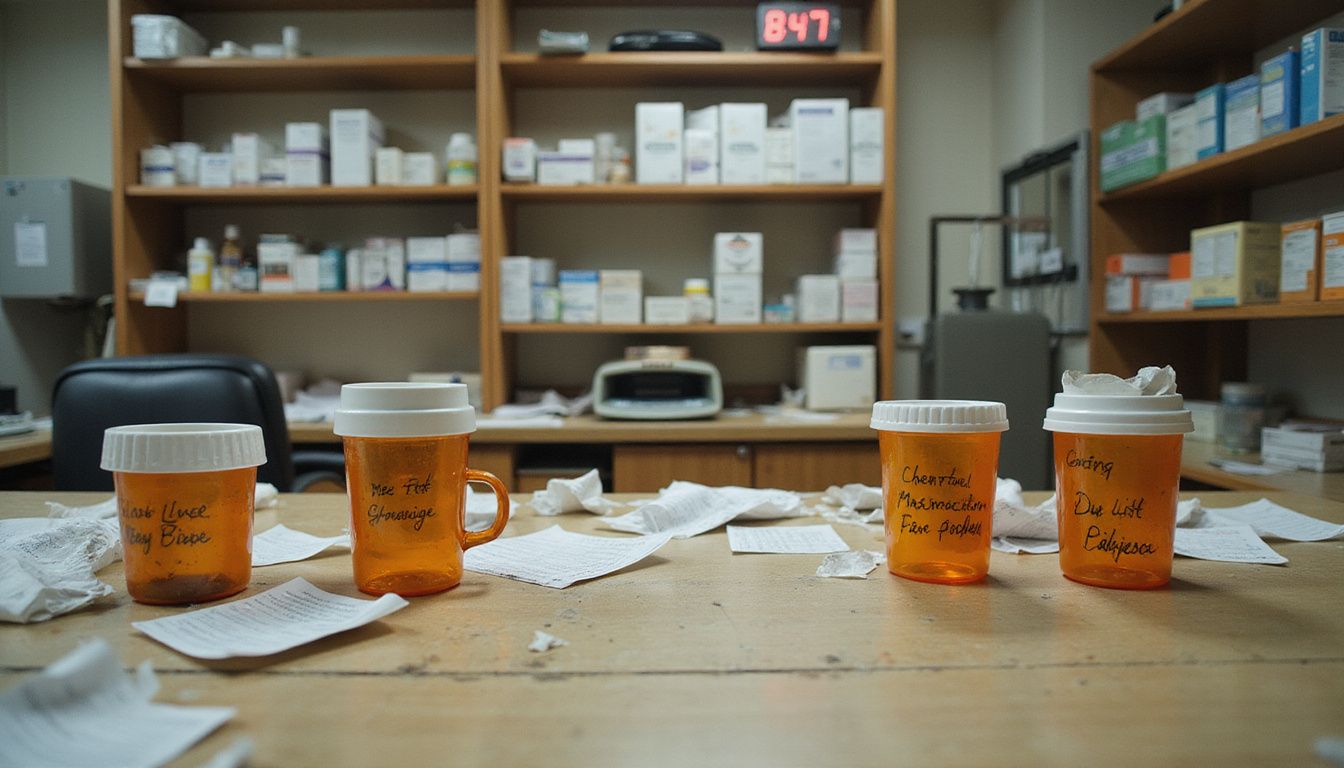 A cluttered pharmacy counter shows signs of neglect and exhaustion. A cluttered pharmacy counter shows signs of neglect and exhaustion.