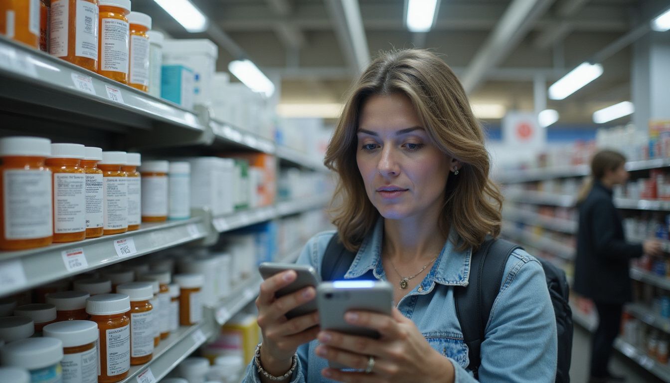 A woman reviews prescription labels in a pharmacy aisle. A woman reviews prescription labels in a pharmacy aisle.